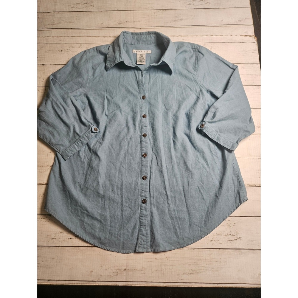 Versailles Linen Blend Button Down Shirt 1X Blue 3/4 Sleeve Blouse Curved Hem